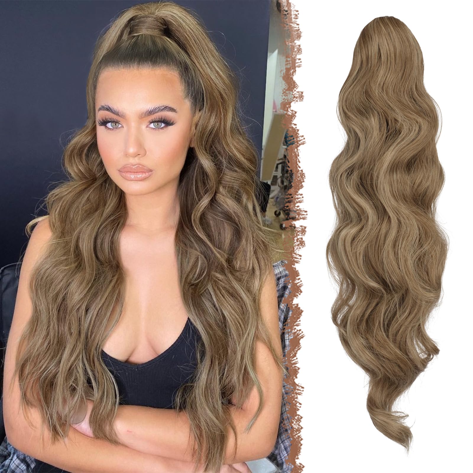 FESHFEN Long Ponytail Extension Curly Wavy Clip in Synthetic Hairpieces Drawstring Ponytail Pony Tail Hairpiece Hair Pony Extension for Women Girls, 24 inch Caramel Brown Mixed Ash Blonde