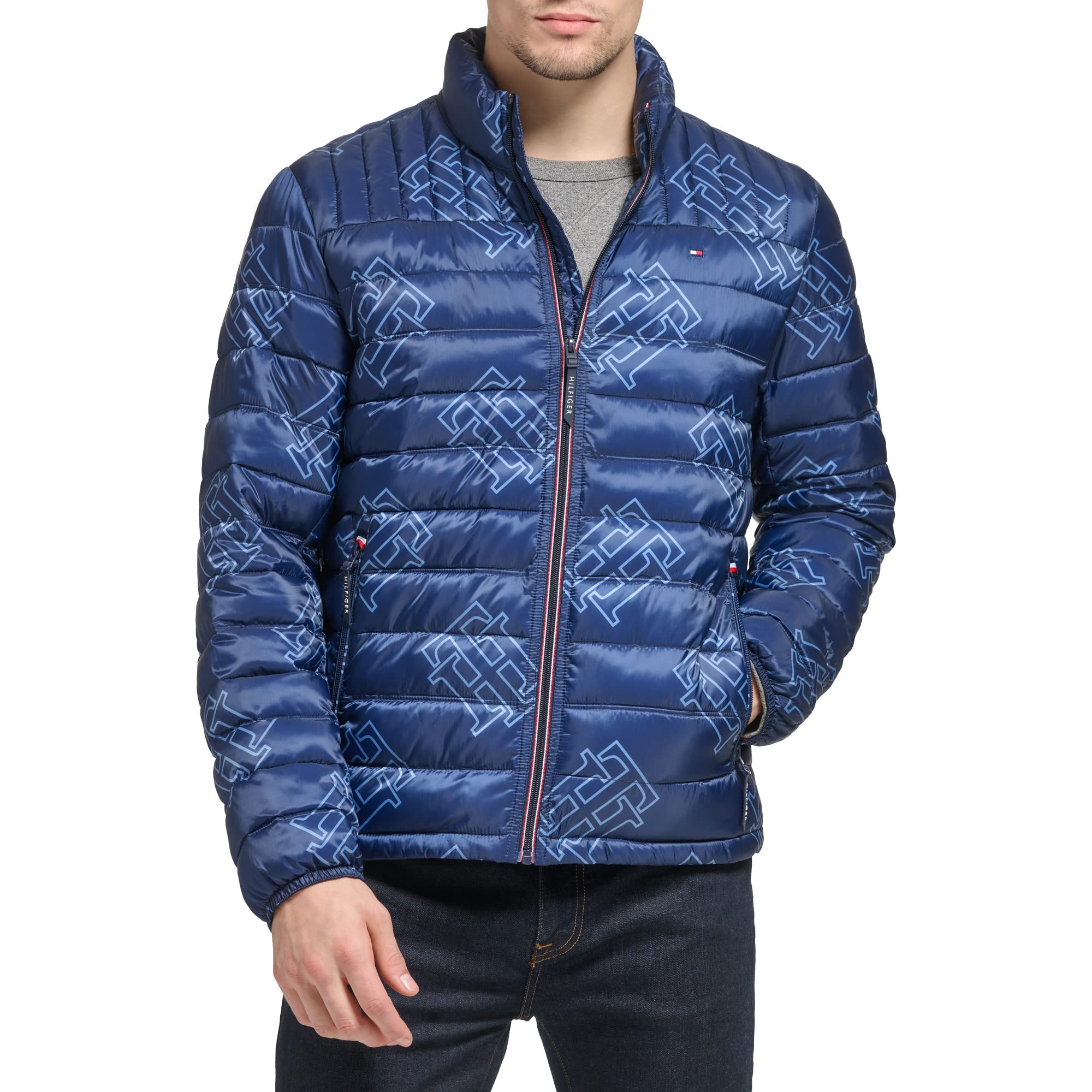 Tommy Hilfiger Men's Ultra Loft Lightweight Packable Puffer Jacket (Standard and Big & Tall), Navy TH Logo Print, XX-Large Image