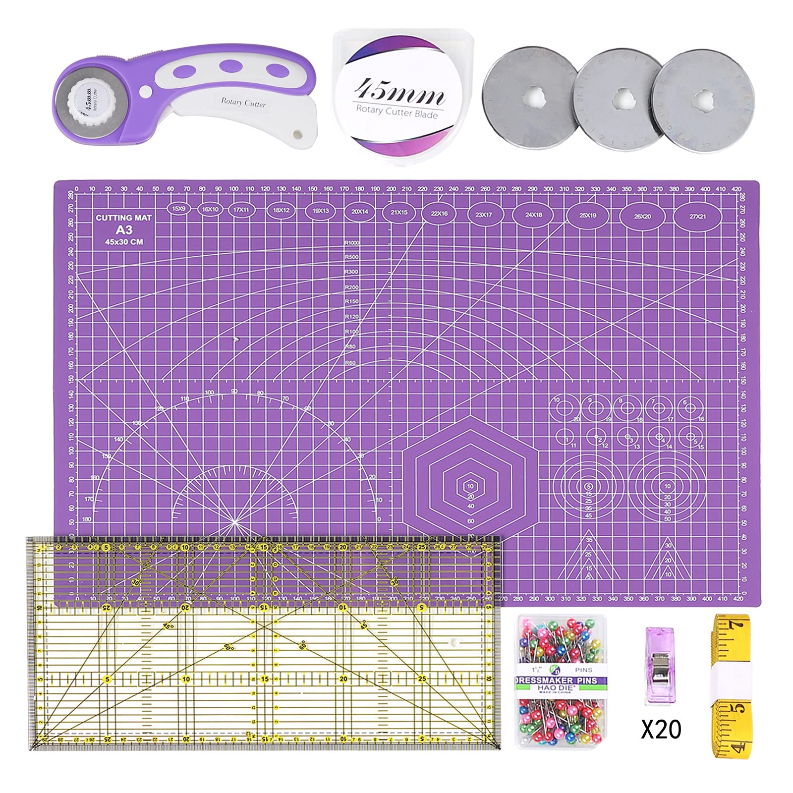 INTLMATE A3 Cutting Mat Set Cutter Tool Kit Including 17inches self-Healing Cutting mat,45mm Rotary Cutter with 3 Replacement Blades,Acrylic Quilting Ruler,Patchwork Ruler,20 Clips,100 pins (Purple)