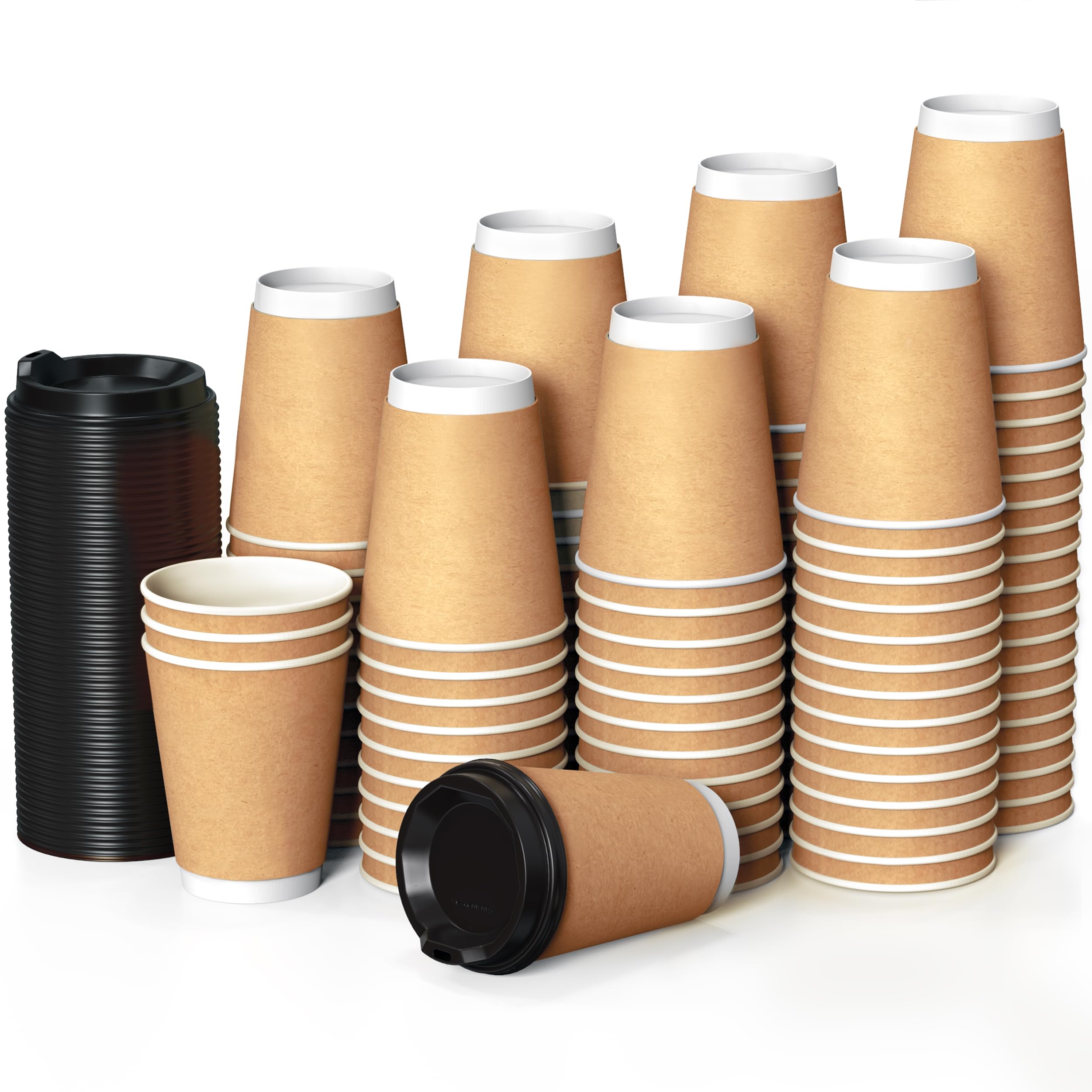 100 Double Walled 12 Oz Kraft Paper Cups to Go with Lids and Wooden Stirrers for Serving Coffee, Tea, Hot and Cold Drinks