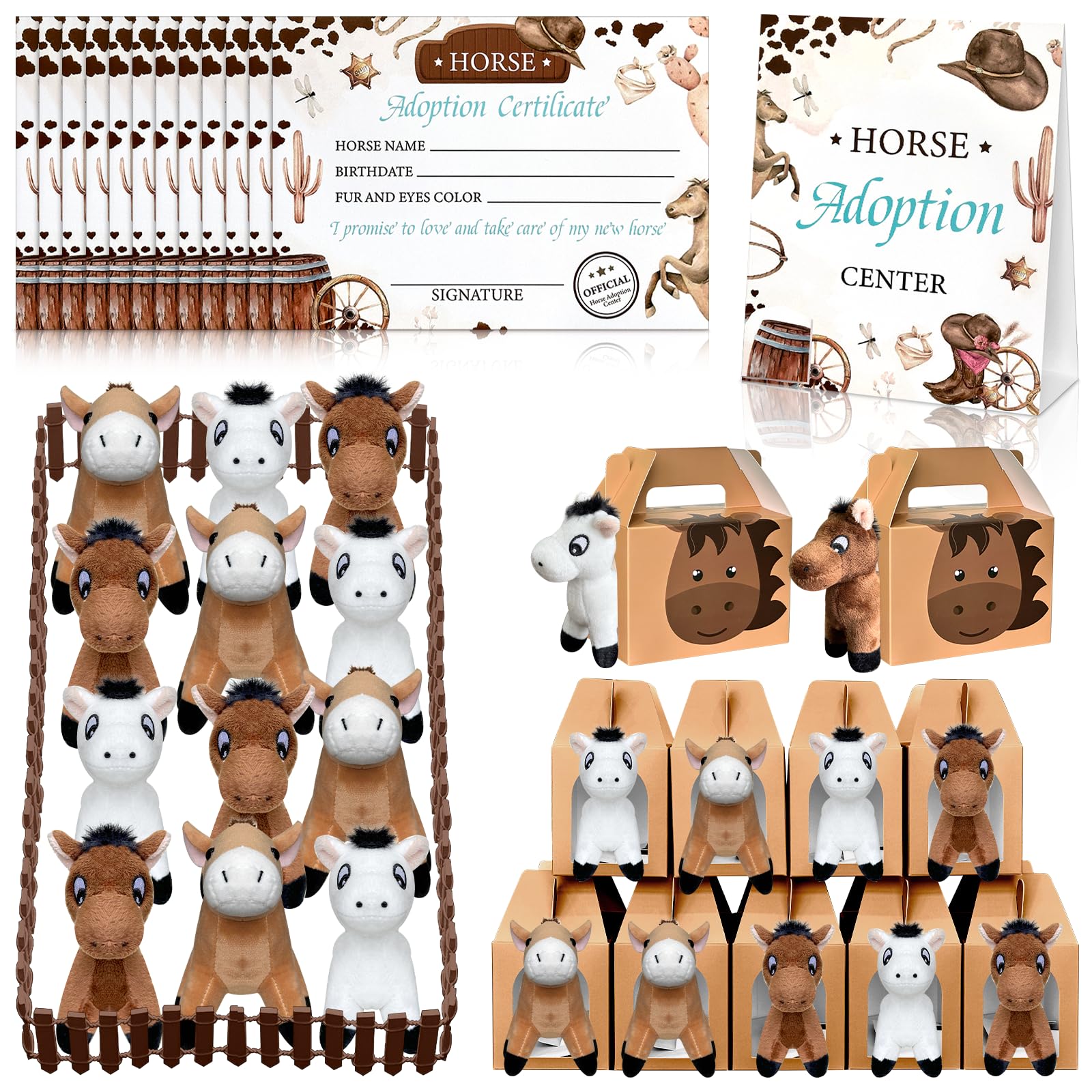 Photo 1 of 38 Pcs Horse Adopt Party Favor Include 12 4.72 Inch Horse Stuffed Animals 12 Foldable Horses Boxes 12 Adoption Certificates 1 Adoption Card 1 Fence for Adopt a Pony