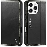 SHIELDON Genuine Leather Wallet Folio Case for iPhone 16 Pro 6.3", [Magnetic Closure] [RFID Blocking Card Slot] [Kickstand] Full Protection Compatible with iPhone 16 Pro 2024 - Retro Black