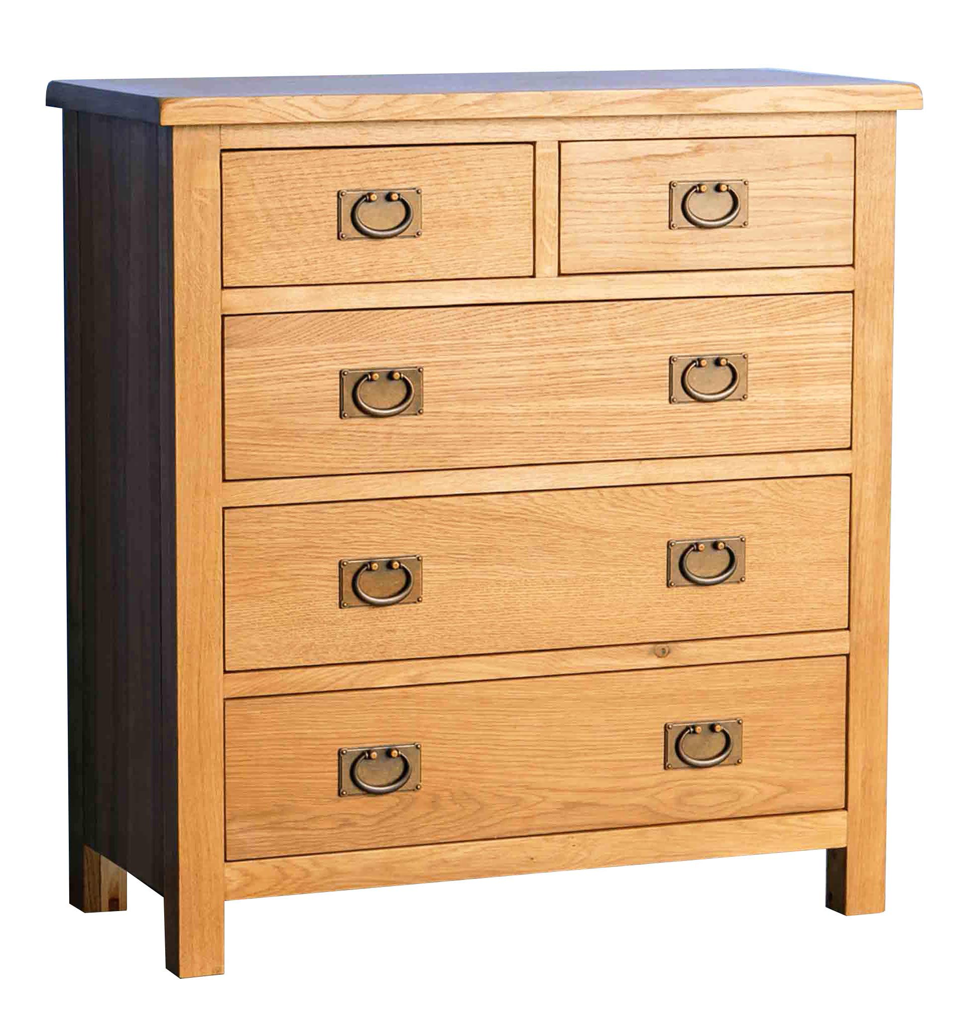 RoselandFurniture Surrey Oak 2 over 3 Chest of Drawers | Traditional Rustic Waxed Solid Wood 5 Drawer Storage Chest for Bedroom, Fully Assembled, 90 x 85 x 38 cm