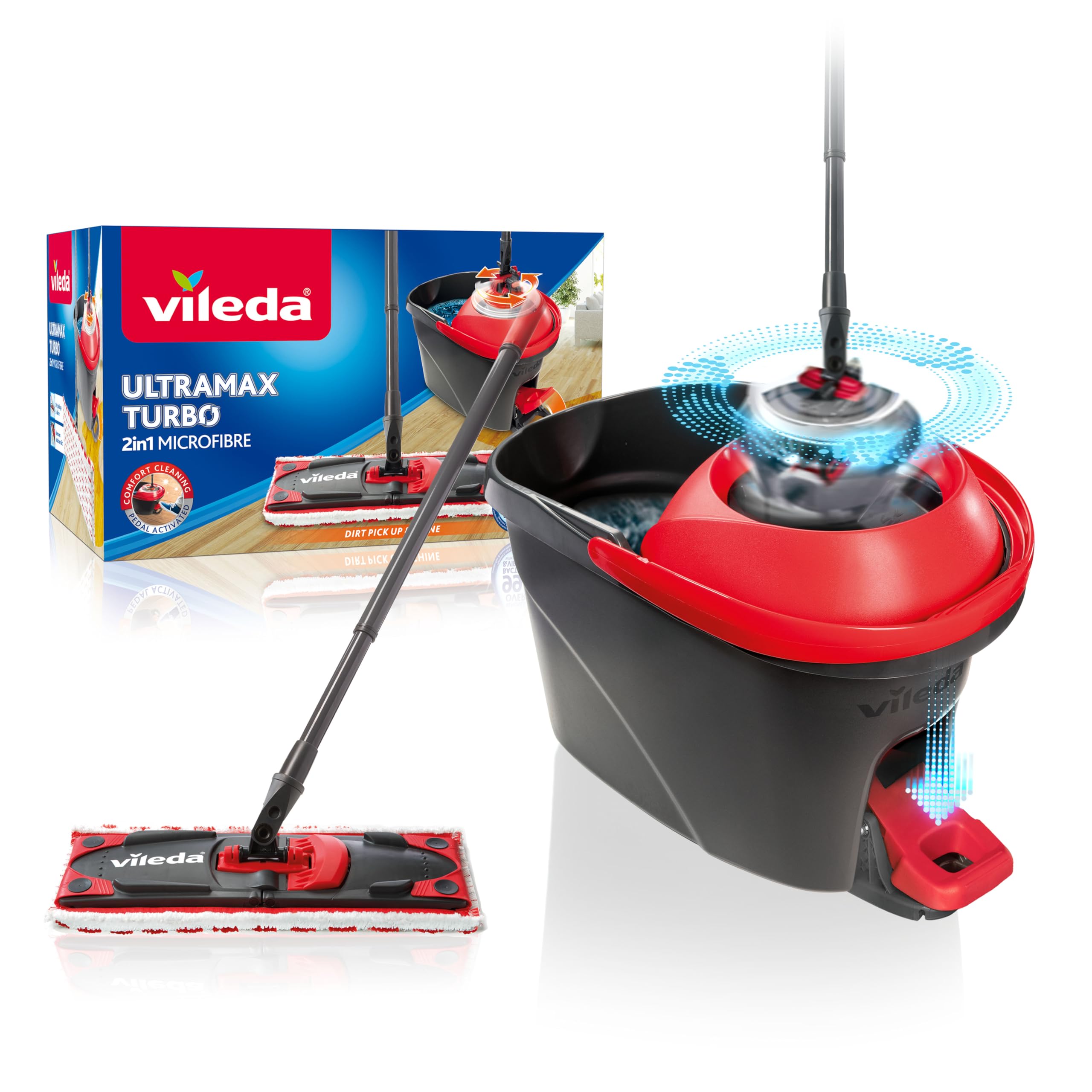 Vileda Ultramax Turbo 2in1 Bodenwischer Komplett Set | Wischmopp-System mit Teleskopstiel (75–130 cm), Mikrofaserbezug & Eimer mit Powerschleuder | Für Fliesen, Laminat & Parkett | Comfort-Pack