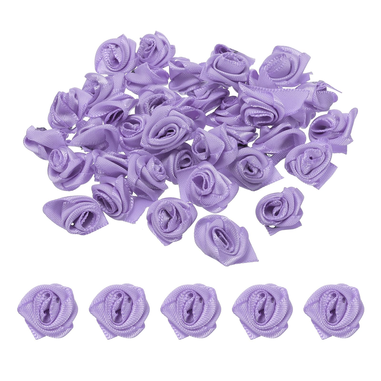 PATIKIL 0.6" Mini Satin Ribbon Roses, 50 Pcs Tiny Fabric Flowers Embellishments Rosettes Applique for DIY Crafts and Wedding, Purple — image 1