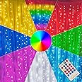 Twinkle Star 300 LED Window Curtain Lights, Christmas Rainbow RGB Color Changing 64 Functional Backdrop Light with Remote, Colorful Icicle String Light for Wedding, Party, Outdoor Indoor Decor