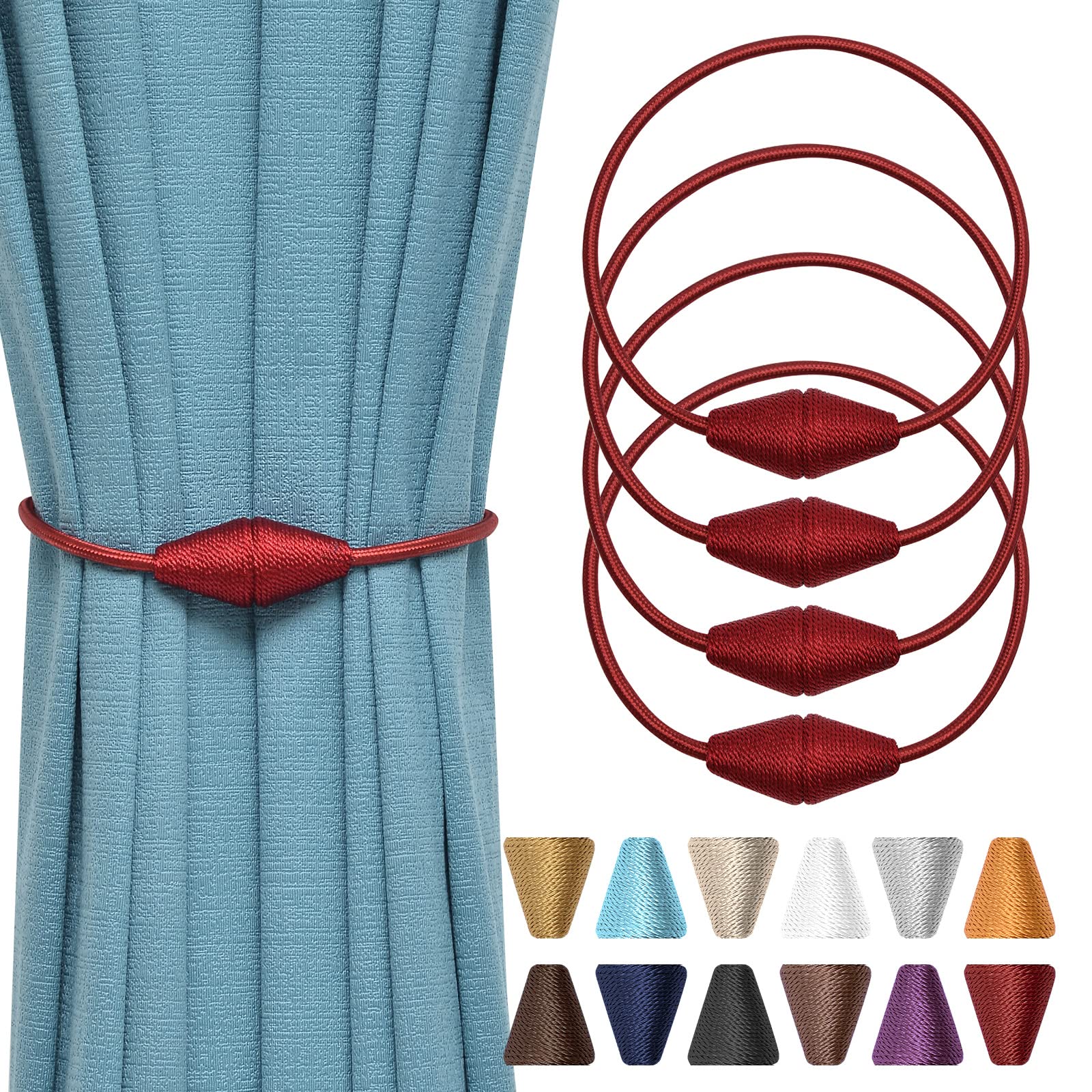 Pretty Jolly 4 Pack Upgrade Magnetic Curtain Tiebacks Handmade Weave Rope Curtain Holdbacks Convenient Decorative Cone Curtain Drape Tie Backs for Home & Office Window Drapery (Wine Red)