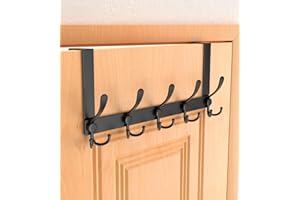 CHAUNCEY HOME Over The Door Hook Hanger with Multiple Hooks, Fits 1 3/4" Doors, Towel Rack and Bathroom Organizer for Living Room, Bedroom, and More – 1 Pack, Matte Black, 5 Tri Hooks