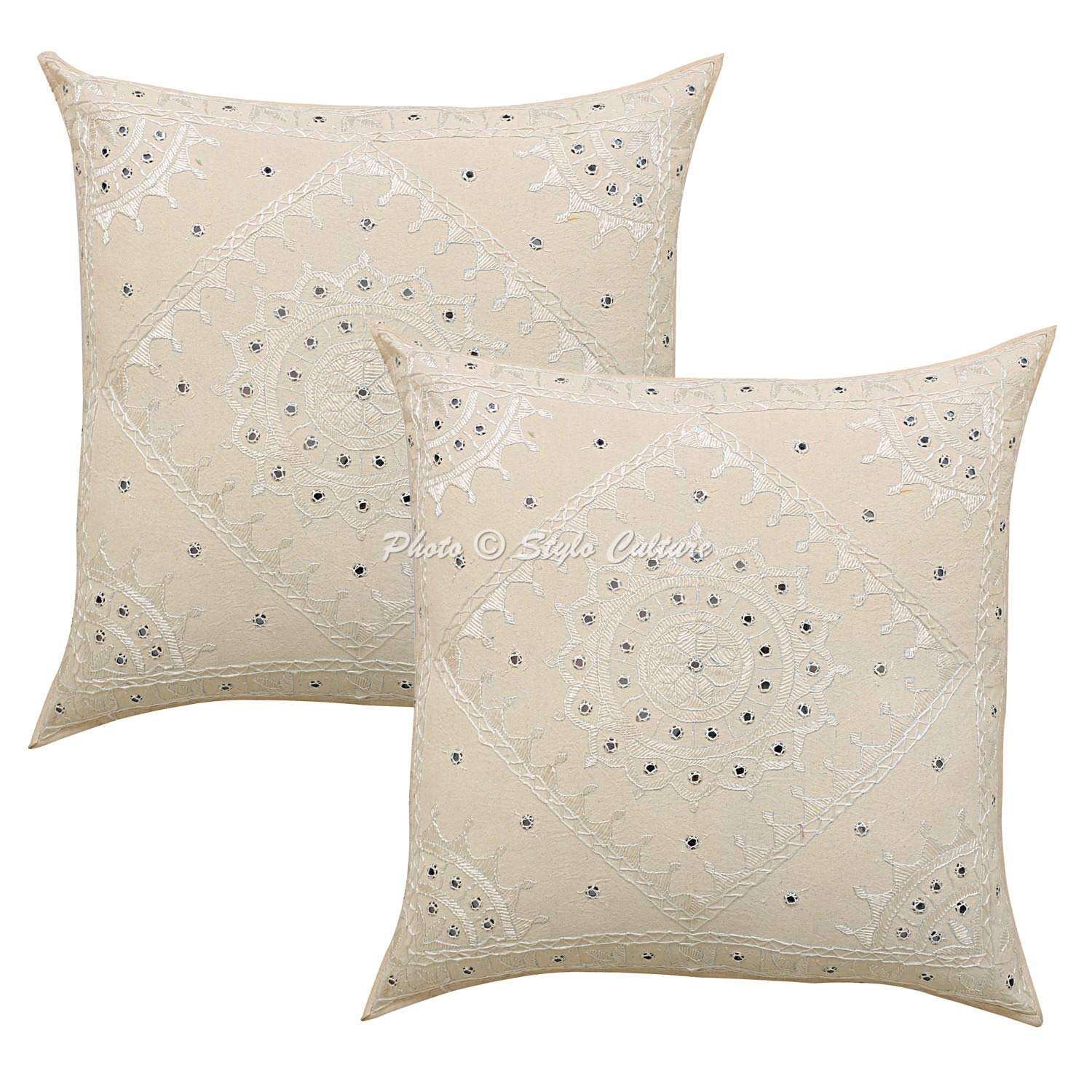 Stylo Culture Indian Decorative Large Cushion Covers 60 x 60 Set Of 2 Off White Embroidered Cotton Living Room Couch Throw Pillow Covers Mirrored 60x60 cm Pillow Cases