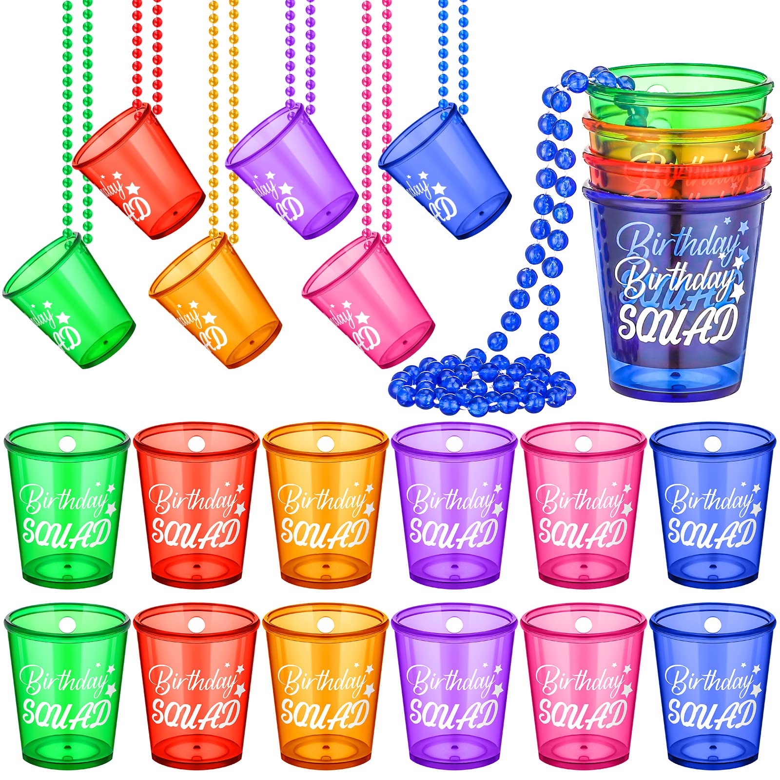 Photo 1 of 12 Pcs Birthday Squad Shot Glass Necklace Shot Cups Plastic Glasses on Beaded Necklace Funny Beaded Squad Cups for Adults Birthday Wedding Party Supplies Favors, 6 Colors