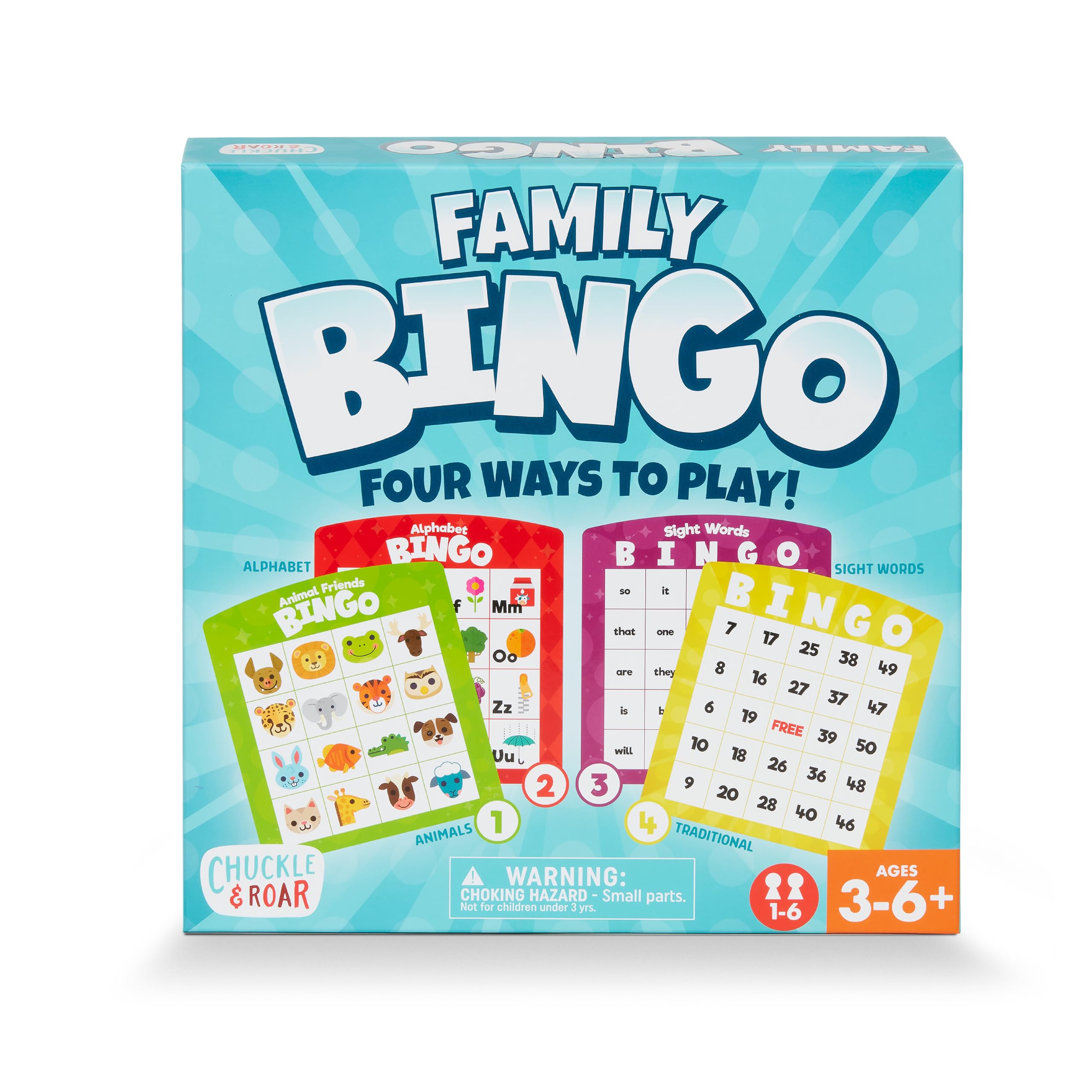 Chuckle & Roar Family Bingo – 4-in-1 Educational Bingo Game for Kids Ages 3–6+ | Animal, Alphabet, Sight Word & Number Bingo | 1–6 Players
