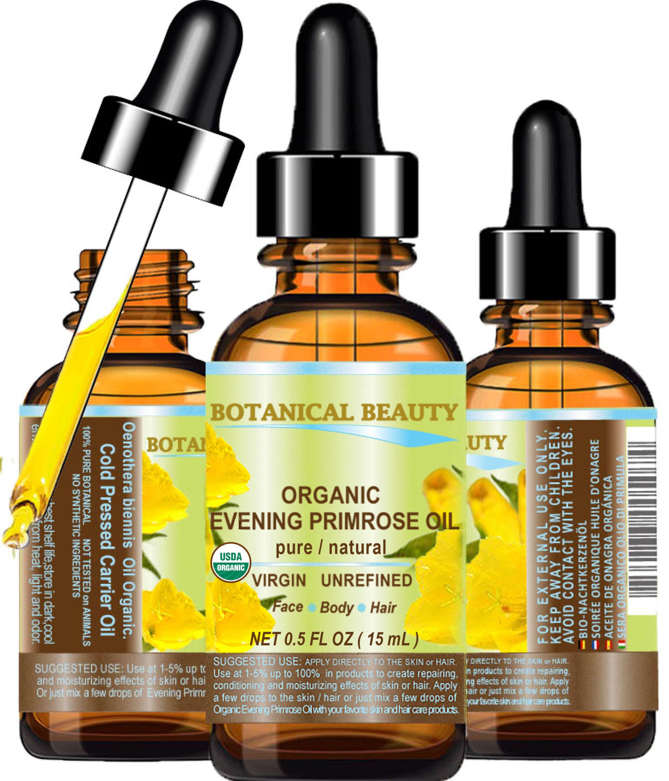 Photo 1 of Botanical Beauty Organic EVENING PRIMROSE OIL 100% Pure Natural Undiluted Unrefined Virgin Cold Pressed Carrier Oil. 0.5 Fl.oz.- 15 ml for face, skin, hair, nails