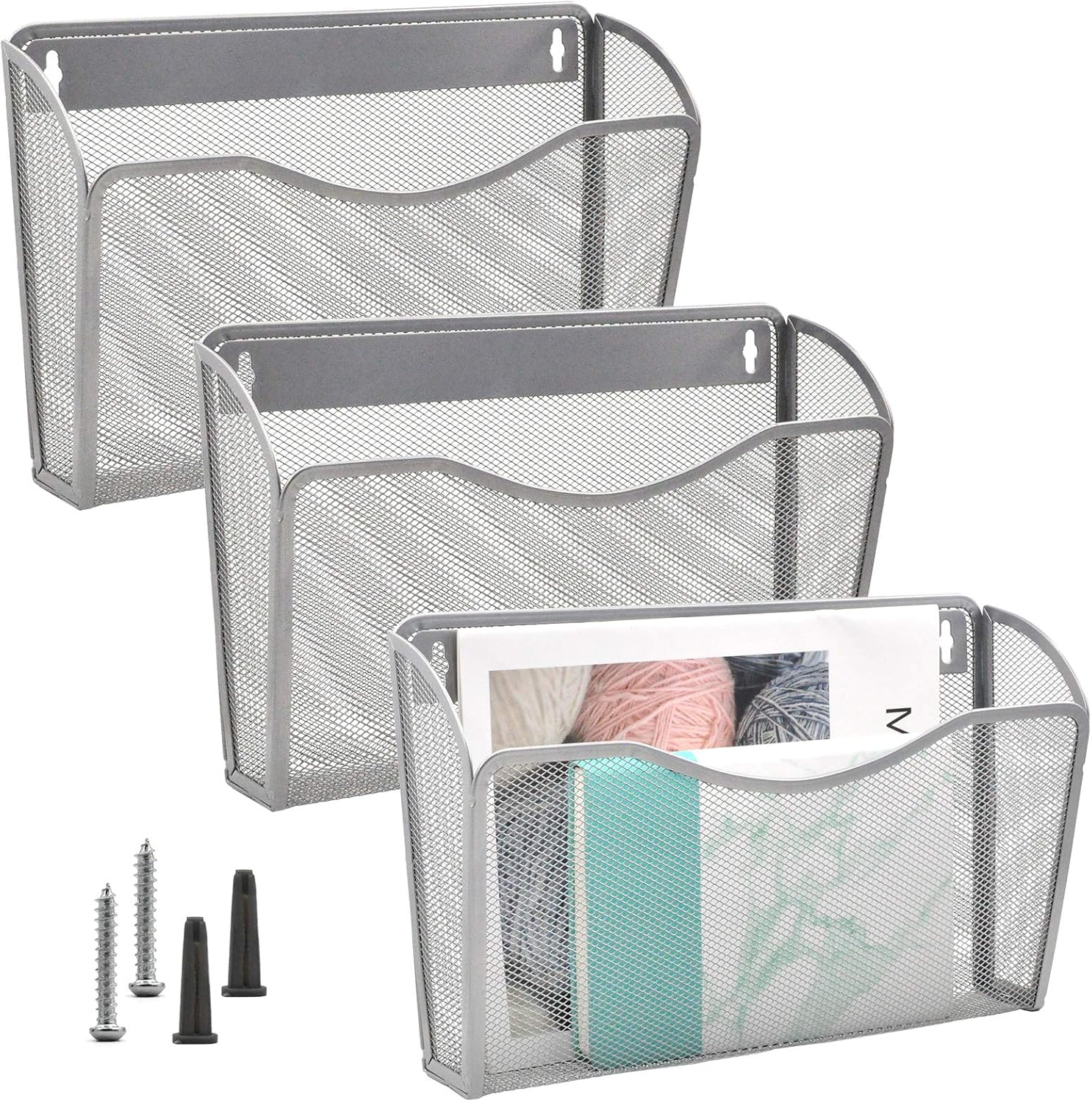 EASEPRES Mesh 3 Pockets File Organizer Hanging File Organizer Vertical Wall File Organizer Holder Rack, Silver : Office Products