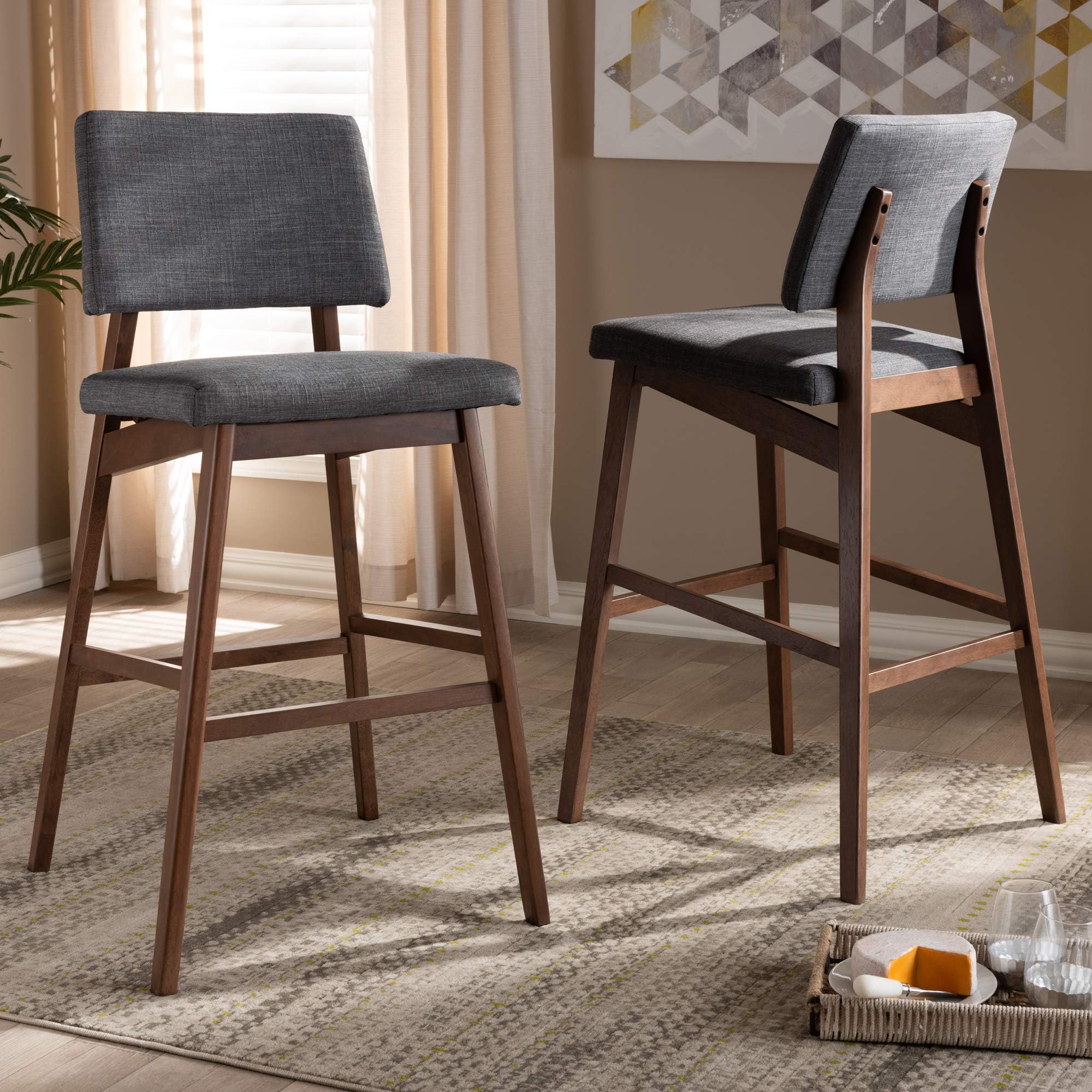 Baxton Studio Colton Mid-Century Modern Dark Gray Fabric Upholstered and Walnut-Finished Wood Bar Stool Set of 2