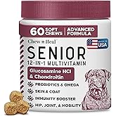 12-in-1 Multivitamin for Senior Dogs - 60 Senior Dog Vitamin and Supplement Soft Chews for Hip and Joint - Advanced Formula with Glucosamine, Omega 3,6,9, Vitamins, Probiotics - Made in The USA