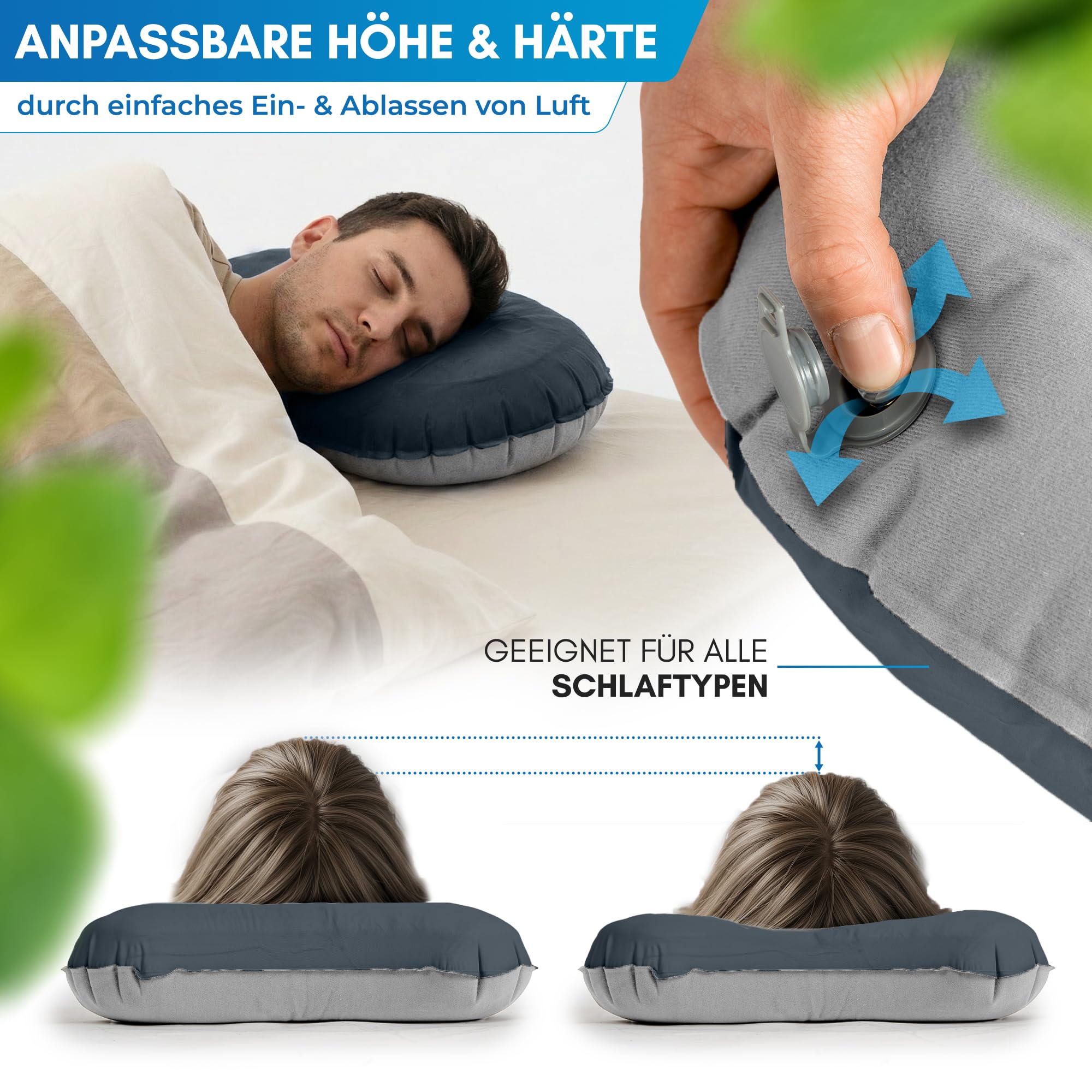 NORDMUT® Campingkissen aufblasbar [SoftSleep+] Komfortables Kissen Ultraleicht mit kleinem Packmaß – Reisekissen aufblasbar inkl. waschbarem Kissenbezug (Schwarz) 5