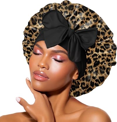 BONNET QUEEN Silk Bonnet for Sleeping Leopard Medium 42cm Elastic Band