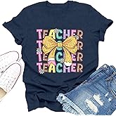 Dabon Teacher Shirts for Women Bow Pencil Teacher T-Shirt Teaching Life Tee Tops
