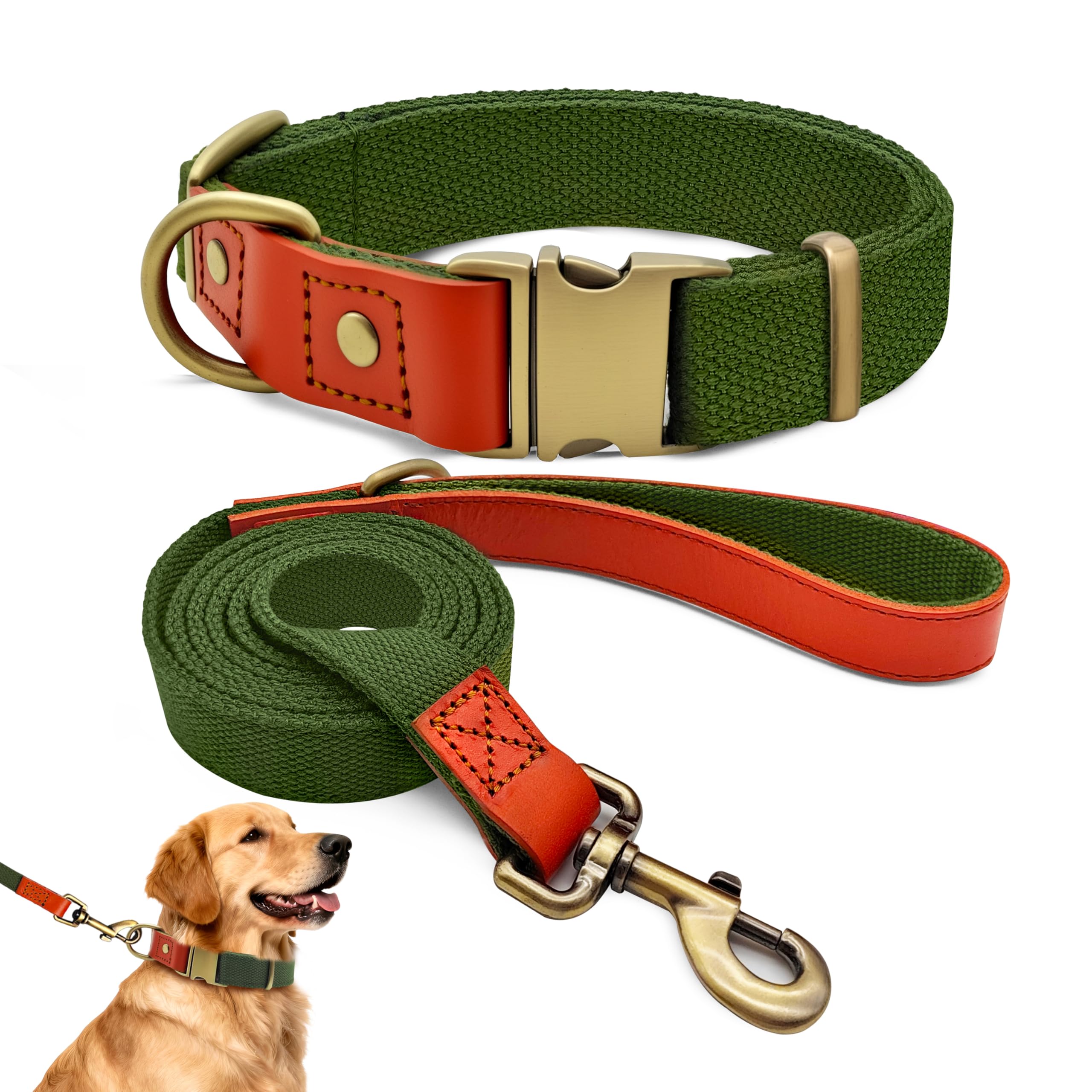 QRDA Dog Collar and Lead Set Army Green Personalized Adjustable Tactical Belt for Medium Large Dogs, XL