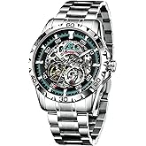 GLENAW Automatic Watches for Men - Self-Winding Mechanical Movement, Skeleton Open Dial, 30 ATM Waterproof, with Stainless Steel Band, Wrist Watch, Without Battery