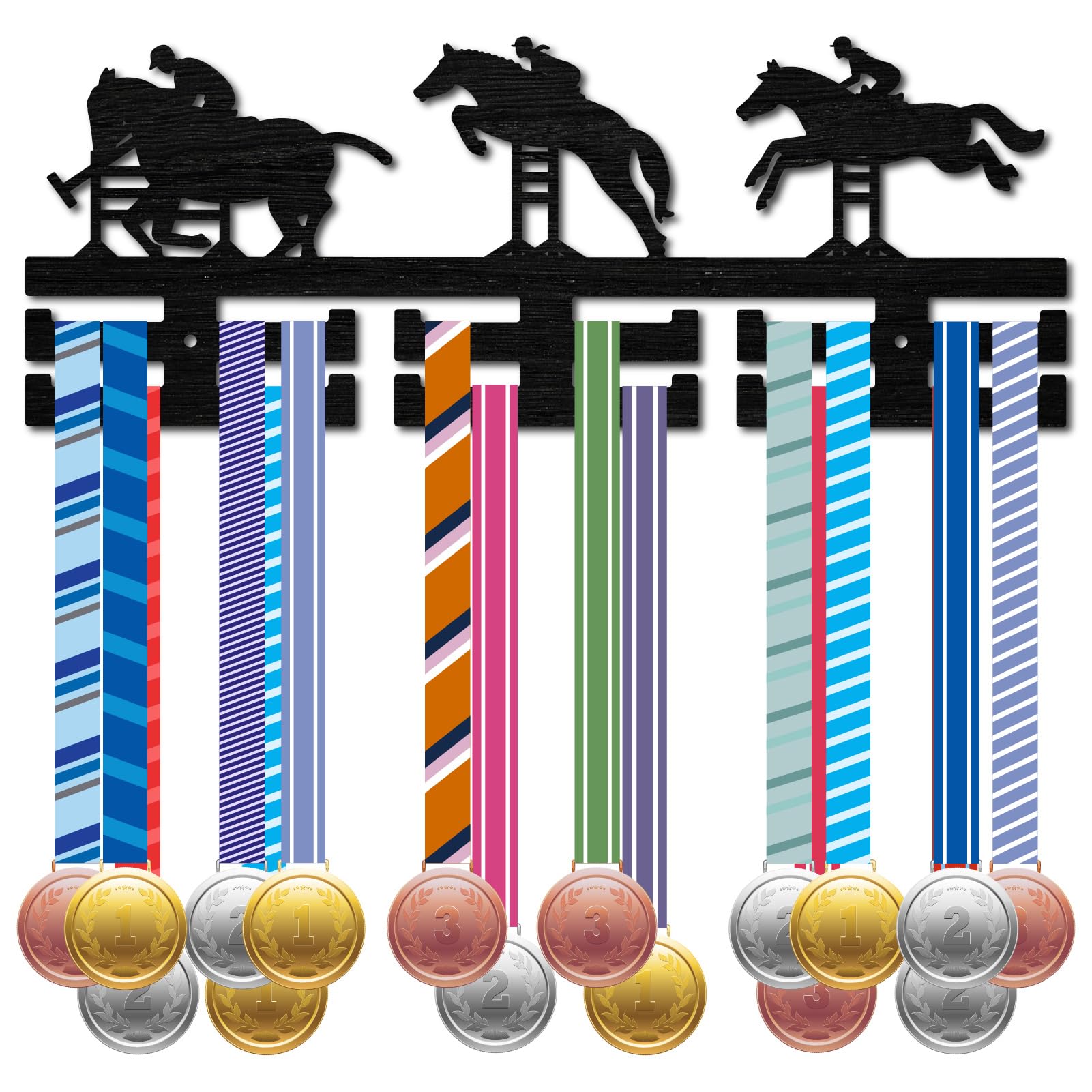 CREATCABIN Equestrian Medal Hanger Holder Display Medal Holder Sport Medal Wall Mount Award Frame Shelf Decor Black Wooden Medal Rack Organizer Ribbon Lanyard Display for Race Athlete 6x15.7Inch