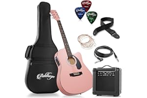 Ashthorpe Full-Size Thinline Cutaway Acoustic Electric Guitar Package with 10 Watt Amp - Pink
