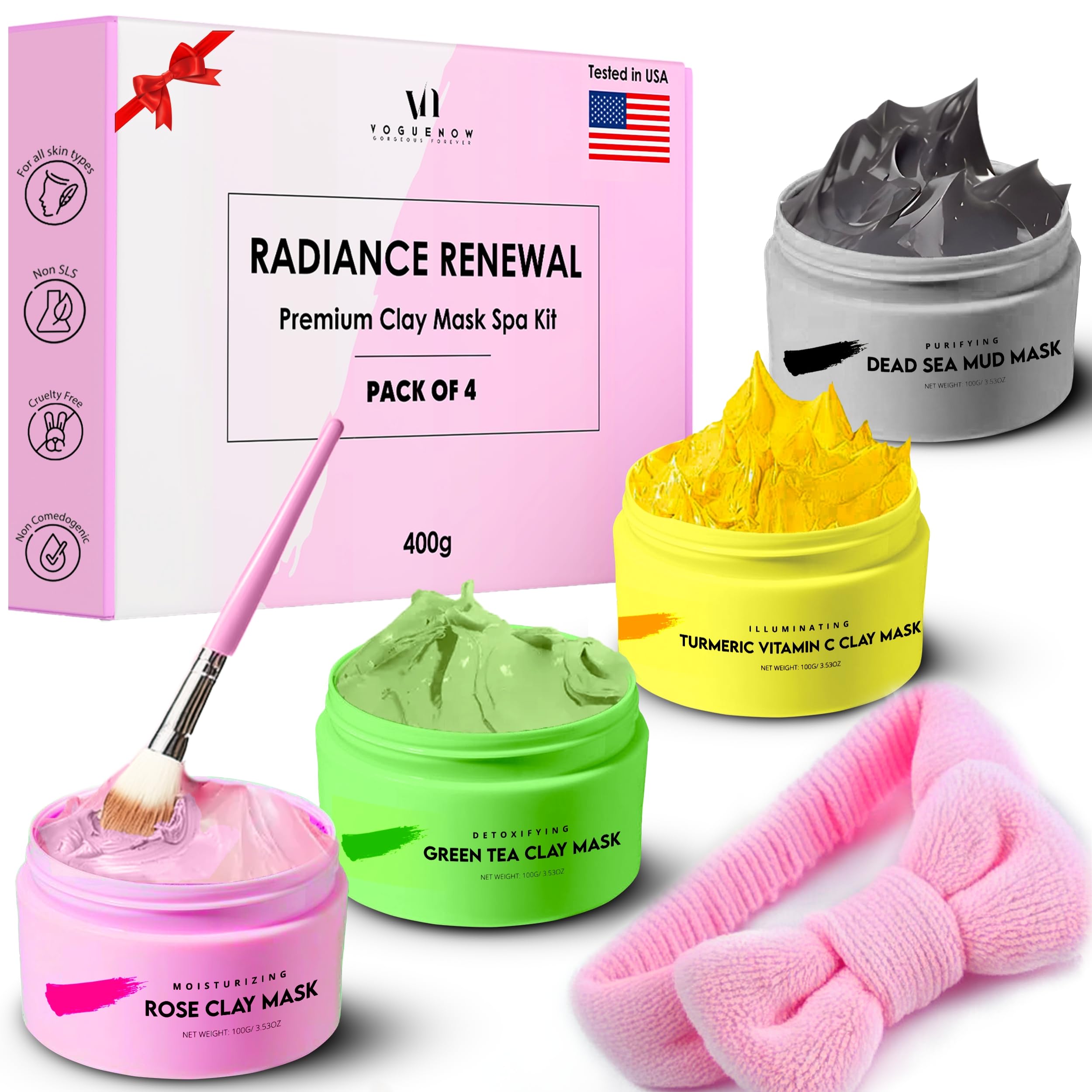 VogueNow Clay Mask Gift Pack of 4 Jars (400g) With Cute Headband & Brush | Premium Clay Face Mask | Turmeric Vitamin C, Green Tea, Rose, Dead Sea Mud For Face | Spa Gift set for Women