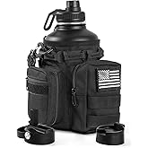 banloga Tactical Half Gallon Water Bottle with Straw, 64 Oz Insulated Water Jug with Molle Water Bottle Holder, Stainless Steel Sport Bottle with 3 BPA Free Lids for Gym Workout Hiking (Black)