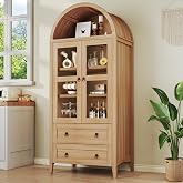 HUAHUU 71" Tall Pantry Cabinet, Arched Cabinet, Kitchen Storage Cabinets with 2 Large Drawers &amp; Adjustable Shelves &amp; Glass Door for Living Room, Kitchen, Dining Room, Natrual