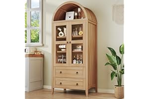 HUAHUU 71" Tall Pantry Cabinet, Arched Cabinet with LED Lights, Kitchen Storage Cabinets with 2 Large Drawers & Adjustable Shelves & Glass Door for Living Room, Kitchen, Dining Room, Natrual