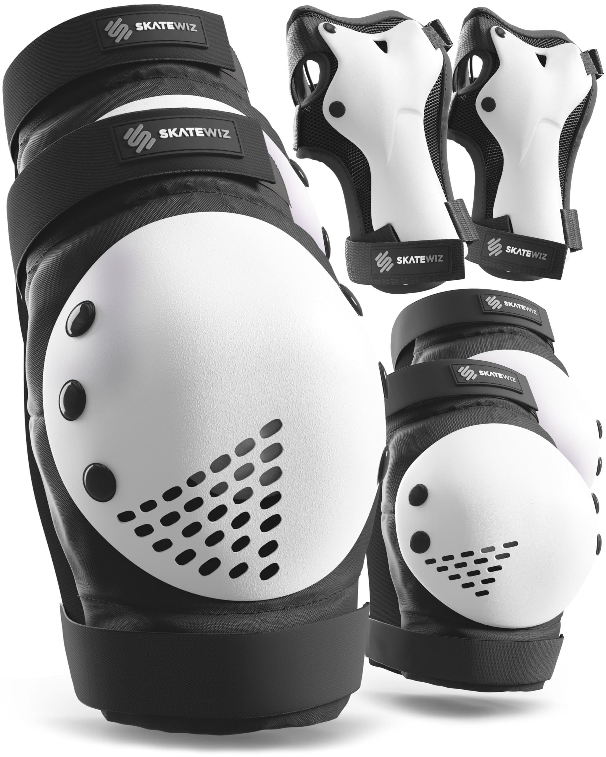 SKATEWIZ Skate Pads - Knee and Elbow Pads Adult - SMASH - Size L/XL Black White - Wrist Guards Skating - Skateboard, Roller Skate & Scooter