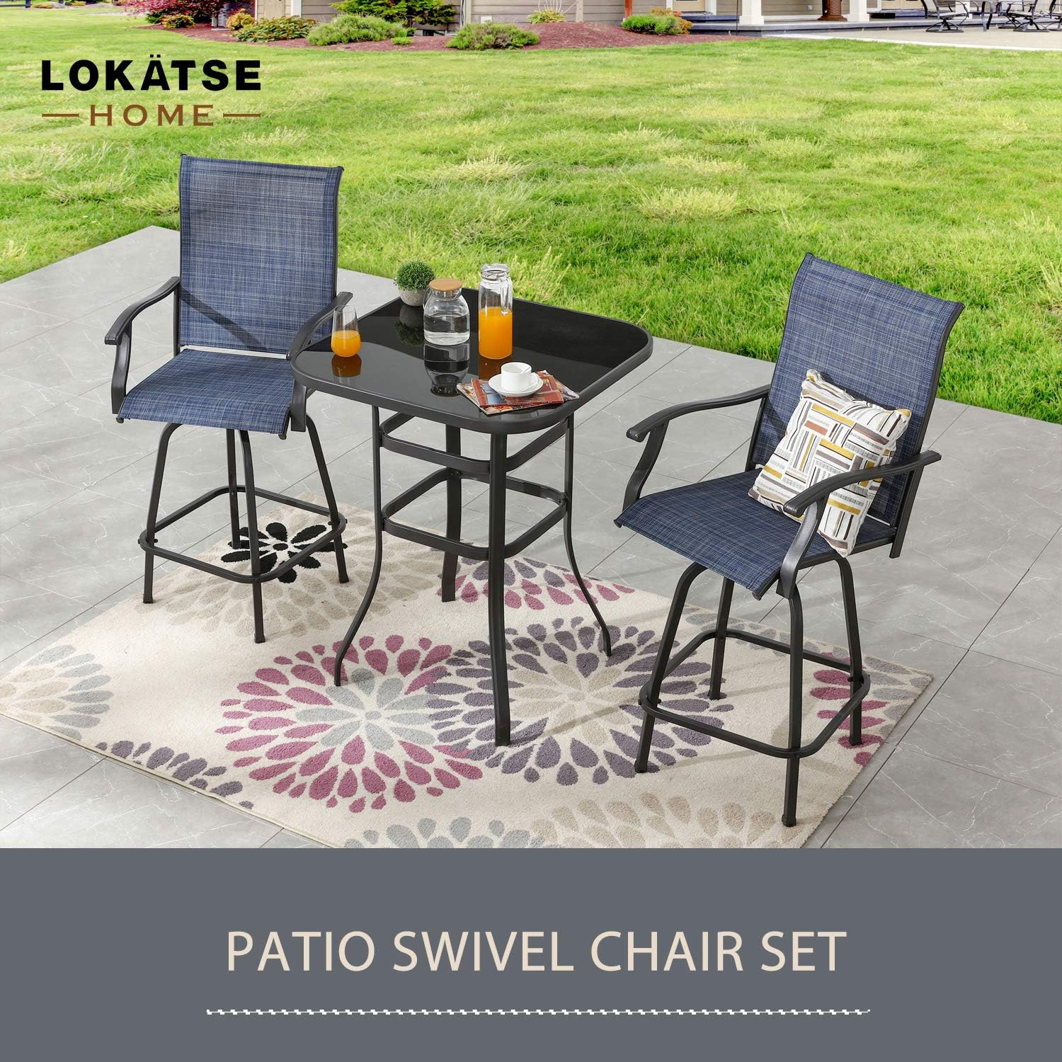 LOKATSE HOME 3 Pcs Bar Stools Set 2 High Swivel Chairs and 1 Height Outdoor Bistro Table, Patio Furniture, Blue Tesling Fabric : Garden & Outdoor