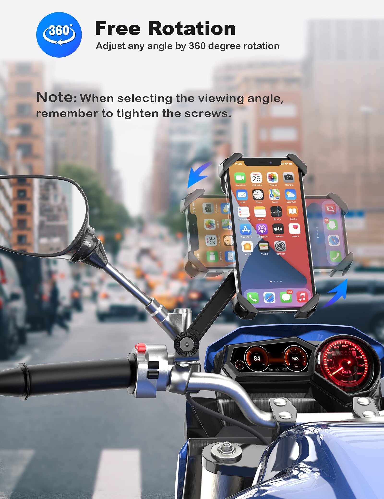 Motorcycle Phone Mount, Auto Shrink Metal Phone Mount for 4.0-7.0 Inch Smartphone for Motorcycle Rear View Mirror with 360° Rotatabe