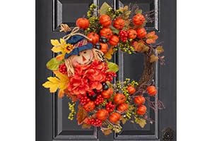 VOFULY Fall Wreath for Front Door Scarecrow Front Door Wreath with penty of Small Pumpkins, Berries, Acorns and Hydrangea,Autumn Harvest Porch Decor,thanksgving Farmhouse Fall Door decorations-20inch