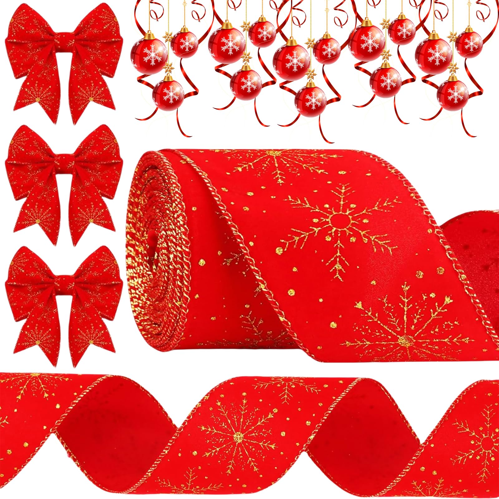 Christmas Ribbon, Christmas Decorations, 9.1m Soft Velvet Ribbons 63mm Xmas Tree Ribbon for Xmas Crafts, Gift Wrapping, Wreath, Top Bows, Sewing Xmas Tree Decorations (Red Snowflake)