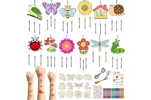 TREACLUB 12 Packs Spring Wind Chime Kit for Kids Make Your Own Spring Wind Chimes for Girls Boys DIY Coloring Spring Craft Butterfly Flower Wooden DIY Arts and Crafts for School Activity Party Deocration