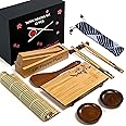 UR Happy Place Sushi Making Kit for Beginners – 15-Piece Sushi Roller Kit w/Solid Oak Maki Press, Bamboo Sushi Mat & Engraved Cherry Blossom Sushi Plate – Traditional Craftsmanship