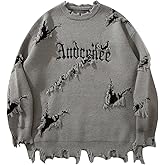BEAUDRM Men's Grunge Letter Graphic Sweater Unisex Gothic Ripped Baggy Sweater Y2K Crewneck Long Sleeve Knit Tops Streetwear