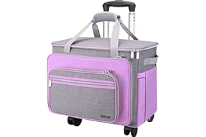FINESUN Sewing Machine Case with Wheels, Foldable Deluxe Rolling Sewing Machine Case for Brother, Singer, Janome and Most Machines,Purple-Grey
