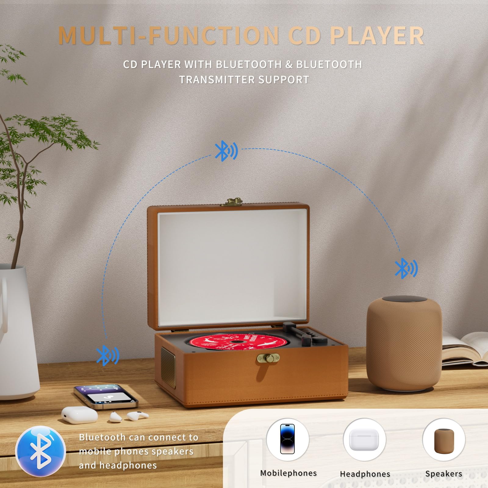 Rechargeable Leather CD Player with Speakers; Bluetooth Transmitter; Festival Gift; BGM Player for Home Décor (Brown)