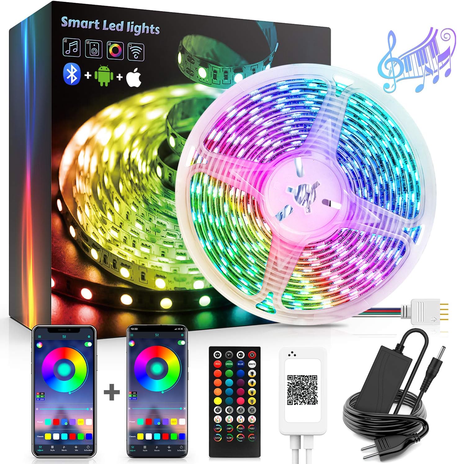 Led Strip Lights, Sync to Music 20ft 6m with 40 Keys IR Remote and 12V Power Supply