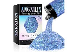 ANGXILIN Holographic Chunky and Fine Mixed Glitter, 190g/6.7oz Bulk Laser Sequin Glitter for Face, Body, Nail Art, Epoxy Resin Tumbler Jewelry Making - IRI Diamond Blue