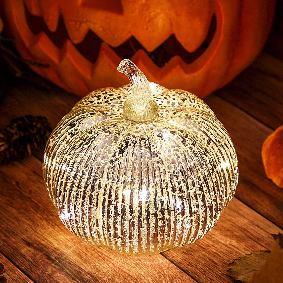 hvfun Mercury Glass Light up Pumpkin with Timer- Fall Decoration for Home-Lamps for Festive Decoration-Halloween Pumpkin Decoration (Silver) — image 1