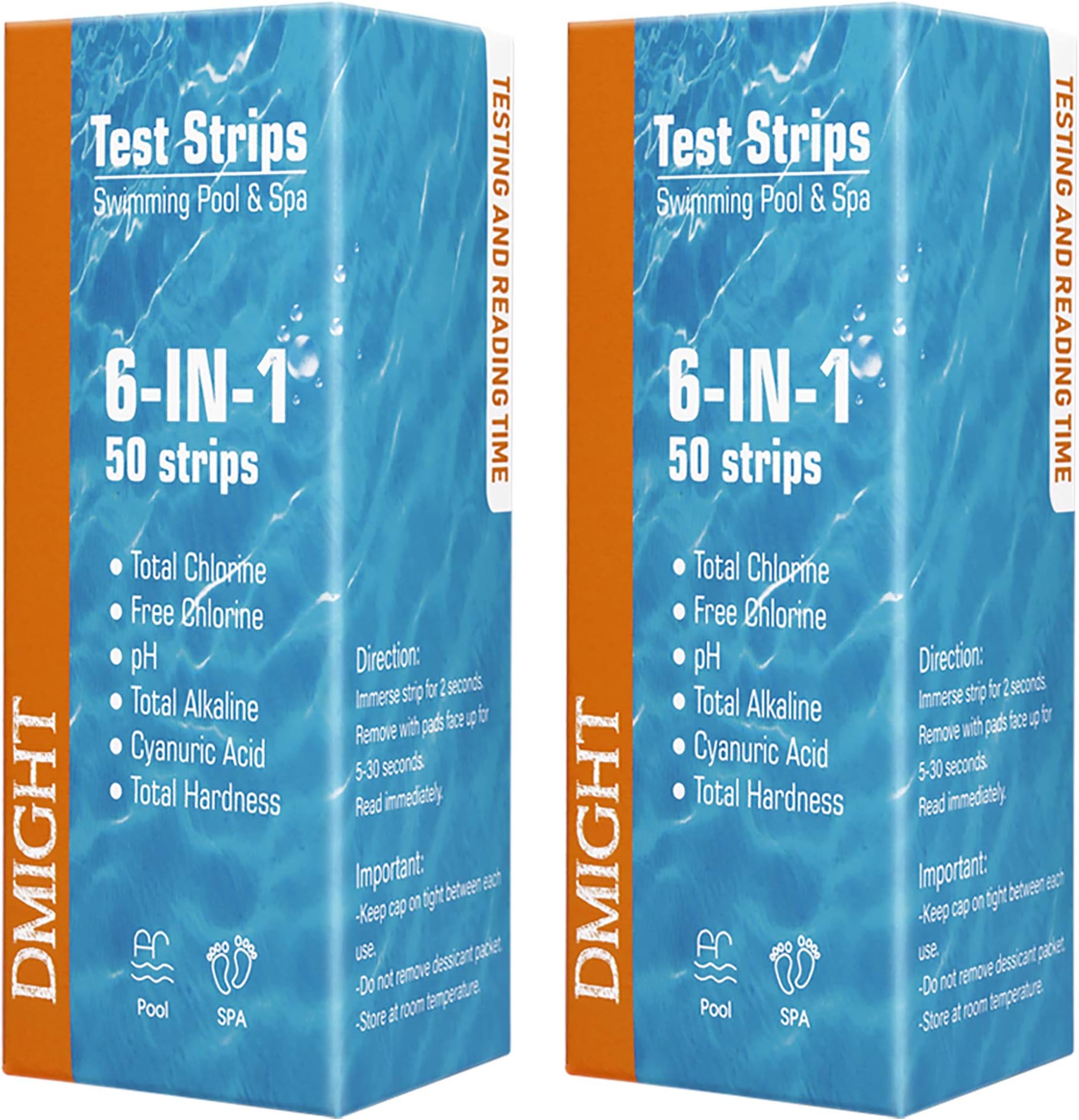DMIGHT Pool Test Strips, 6-in-1 Water Quality Test Strips, Spa Test Strips for Hot Tubs - Total Chlorine, Free Chlorine, pH, Total Alkalinity, Cyanuric Acid, Total Hardness. (2 Pack)