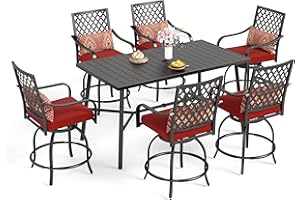 Sophia & William 7-Piece Outdoor Bar Set, Bar Height Patio Table and Chairs for 6, 6 Outdoor Swivel Bar Stools with Red Cushion and 1 Rectangular Bar Height Table