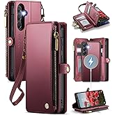 Defencase for Galaxy S25 Magnetic Wallet Case Compatible with Magsafe with RFID Blocking Zipper & Card Holder for Women Men, PU Leather Detachable Phone Case for Samsung Galaxy S25 6.2 inch, Wine Red