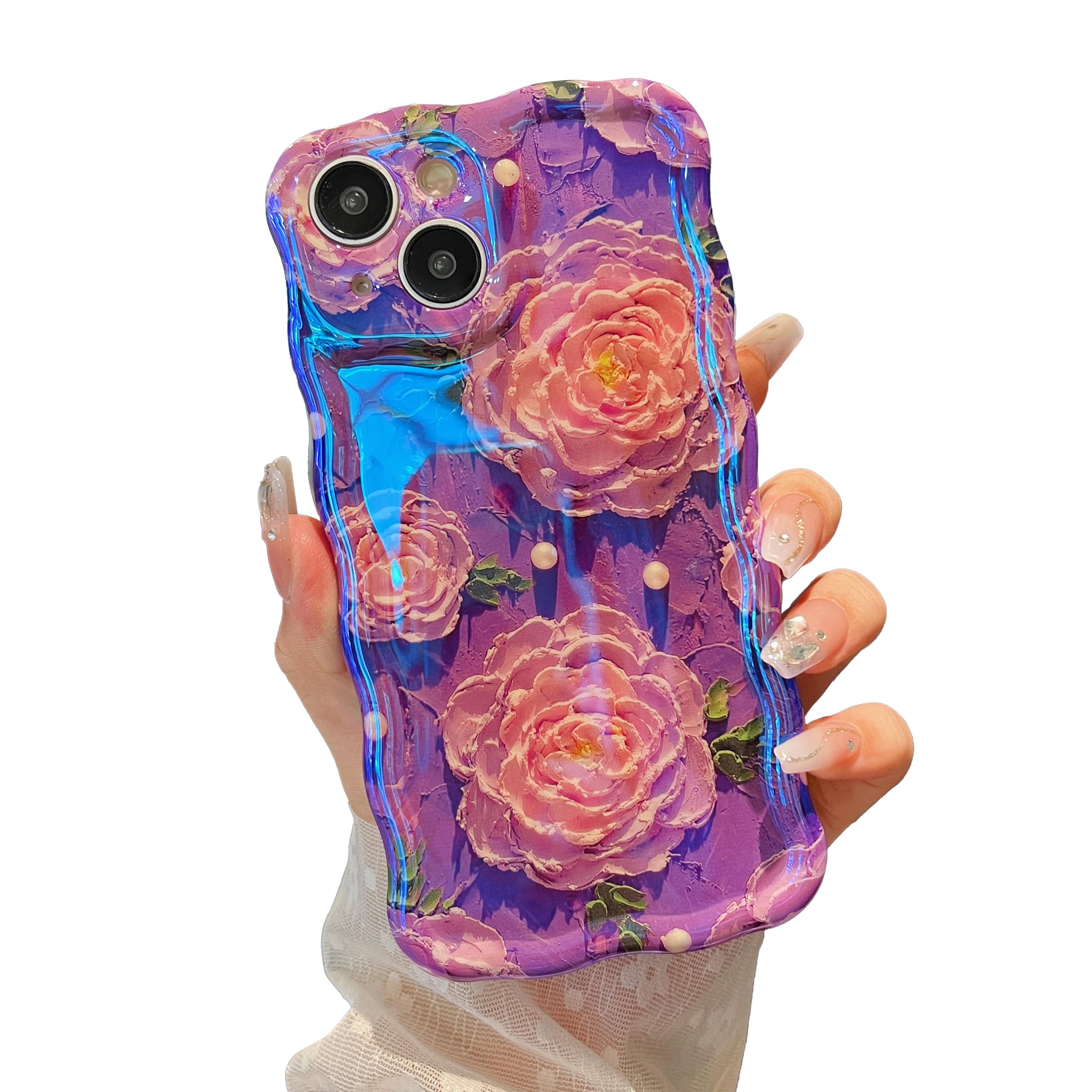 XIZYO Colorful Retro Oil Painting Flower Case for iPhone 14, Curly Wave Frame Laser Glossy Cute Floral Aesthetic Phone Case, for Girls Women Slim Soft TPU Shockproof Phone Cover, Peony/Purple — image 1