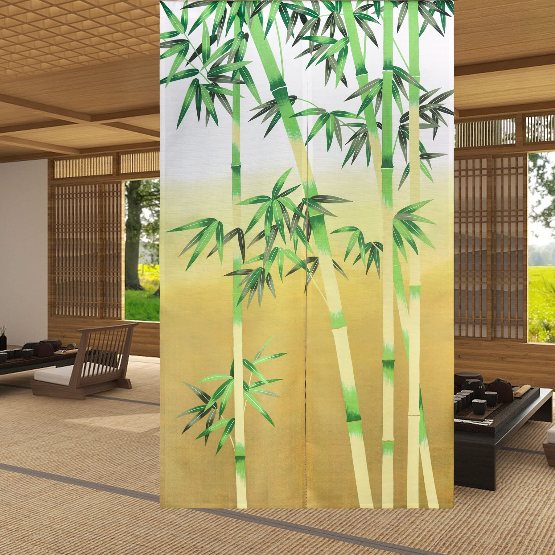 LIGICKY Noren Doorway Curtain Japanese Style Long Type Door Tapestry Window Treatment Panels for Privacy Protection Home Sushi Restaurant Kitchen Decoration 85 x 150 cm, Green (Bamboo Forest)