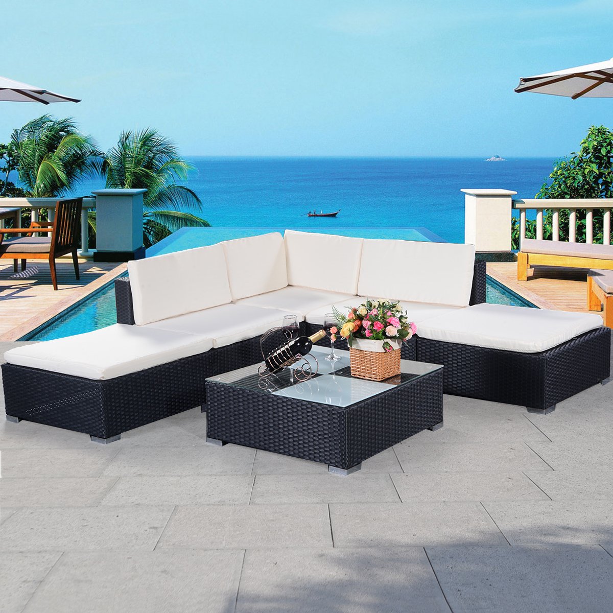 Casart Rattan Corner Sofa Set 6PC Furniture with Cushion PE Wicker