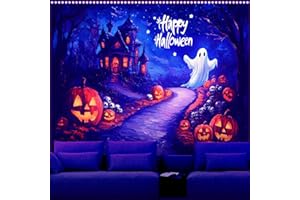 AOHMPT Glow-in-the-Dark Halloween Tapestry - UV Reactive Black Light Wall Hanging Decor for Spooky Parties, Bedroom, Living Room (Ghost Castle, 79L x 59W, Unframed)